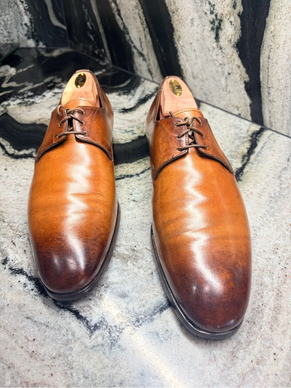 Santoni Goodyear Brown Cognac Leather Derby Shoes UK 8.5 US 9.5 Italy